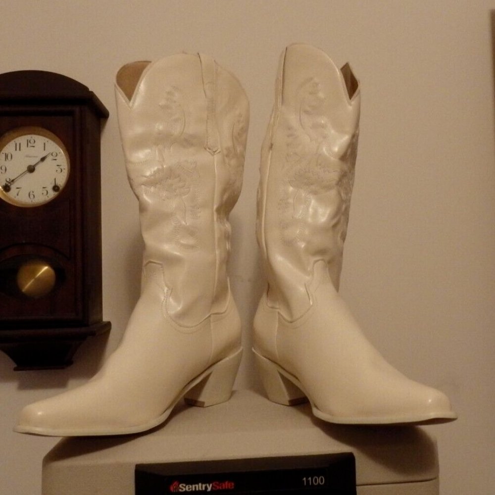Beige high heel western boots